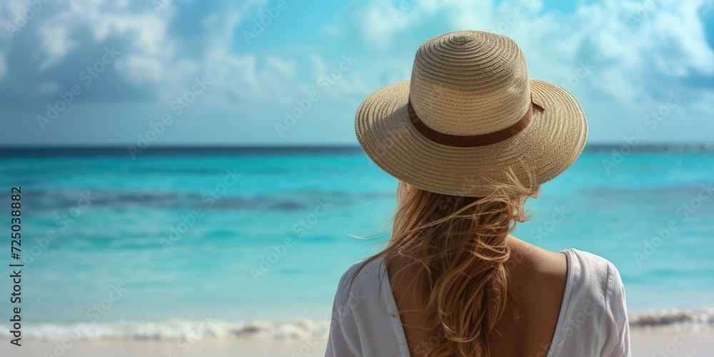 A woman wearing a hat gazes at the vastness of the ocean. Suitable for travel or relaxation concepts