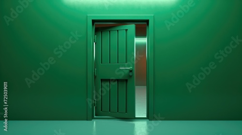 An open green door in a green room. Can be used to represent opportunities, new beginnings, or a sense of mystery. Perfect for interior design or real estate concepts