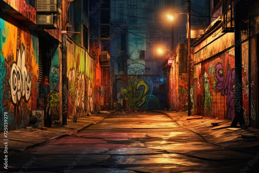 Fototapeta premium A picture of a dark alley with graffiti on the walls. This image can be used to depict urban decay or as a background for gritty city scenes
