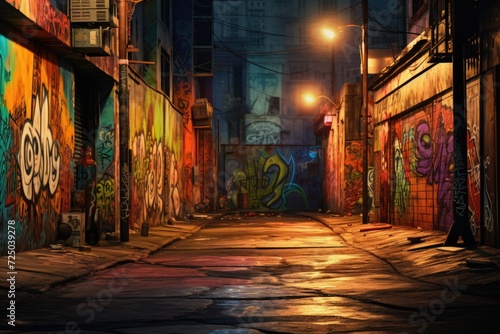 A picture of a dark alley with graffiti on the walls. This image can be used to depict urban decay or as a background for gritty city scenes