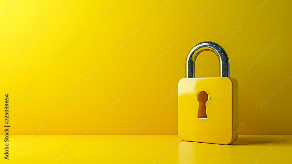 Solid Yellow Padlock on a Bright Yellow Background Symbolizing Security and Protection - obrazy, fototapety, plakaty 