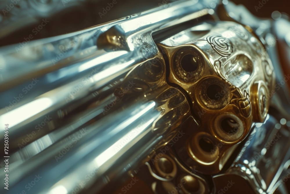 A close-up view of a revolver placed on a table. Suitable for crime-related themes and detective stories A close-up view of a revolver placed on a table. Suitable for crime-related themes and detective stories