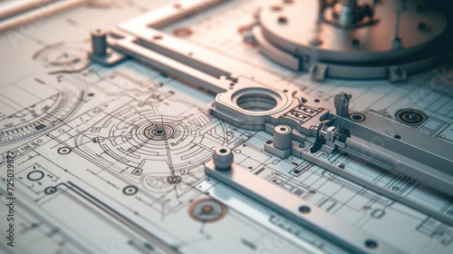 Close up view of a machine on a blueprint. Perfect for engineering and manufacturing projects