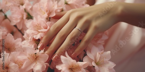 A detailed close-up of a person s hand with a beautiful ring on their finger. Perfect for illustrating love  commitment  relationships  or marriage.