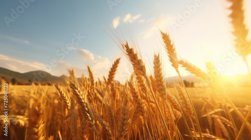 A beautiful sunset over a field of wheat, creating a serene and calming atmosphere. Ideal for nature and agriculture-related projects © Fotograf