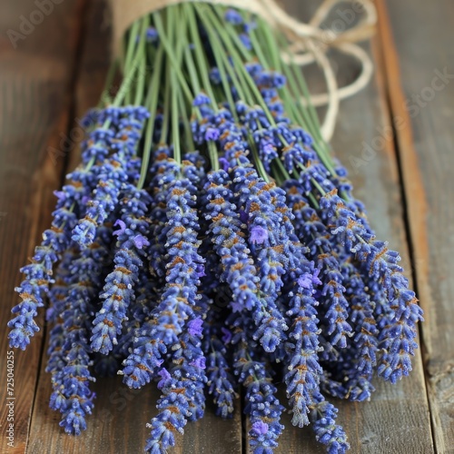 bundle of lavender stems laid upon rustic wood