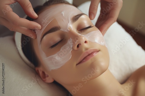 Woman receiving a facial mask treatment at a spa. Ideal for beauty and skincare concepts