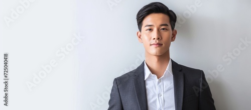 Portrait of a successful Asian male manager in formal attire posing confidently with a suit jacket on a white wall background. photo