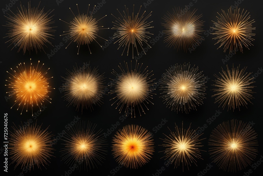 A stunning collection of golden fireworks illuminating the night sky. Perfect for adding a touch of celebration and excitement to any project or event