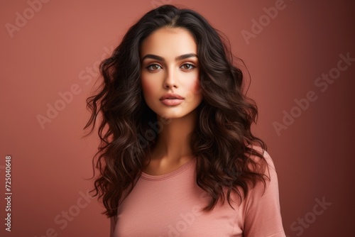 A beautiful woman with long dark hair posing for a picture. Perfect for fashion, beauty, or lifestyle themes