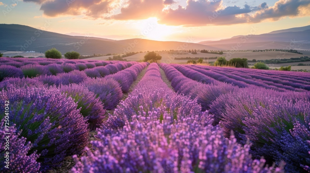 Fototapeta premium Panoramic view of blooming lavender fields and rolling hills.