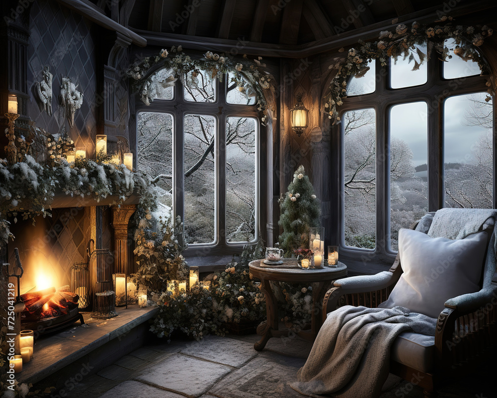 Obraz premium armchair and a fireplace in a cozy living room on Christmas Eve.