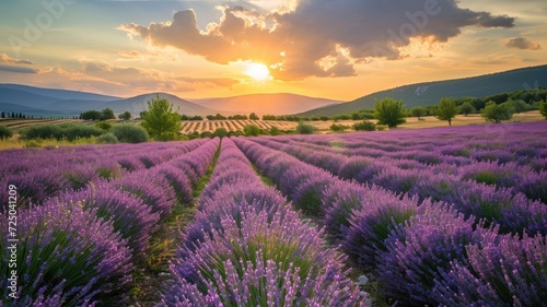 Panoramic view of blooming lavender fields and rolling hills.