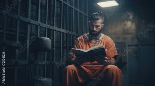 A man is depicted sitting in a jail cell, engrossed in a book. This image can be used to represent incarceration, solitude, or the power of literature to transport individuals to different worlds photo