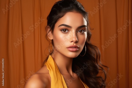 A woman in a yellow dress striking a pose for a photograph. Suitable for use in fashion, lifestyle, and portrait themes