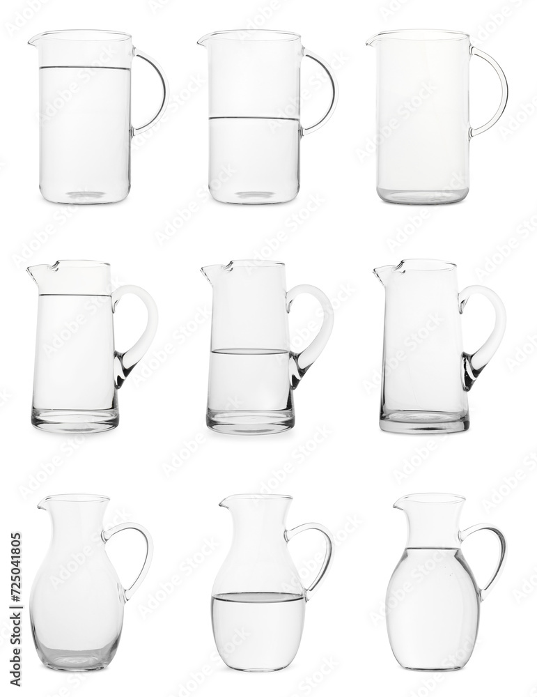 Glass jugs isolated on white, collage with empty, semi filled and full Glass jugs isolated on white, collage with empty, semi filled and full