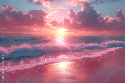 A coastal sunset casting a warm and comforting glow on a peaceful beach, where the sky transitions from shades of orange to pink. Concept of serenity in coastal hues. Generative Ai.