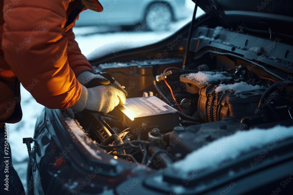 A man is seen working on a car in snowy conditions. This image can be used to depict winter car maintenance or a breakdown in snowy weather