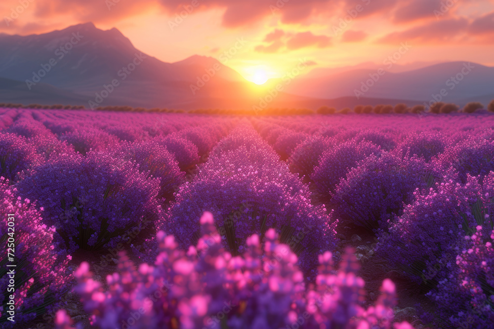 A radiant sun setting over a lavender field, casting a warm and dreamy glow over the landscape. Concept of nature's enchanting hues. Generative Ai.