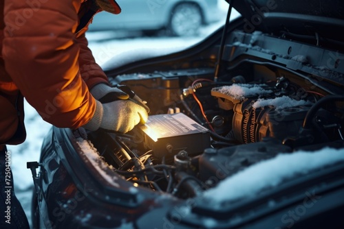 A man is seen working on a car in snowy conditions. This image can be used to depict winter car maintenance or a breakdown in snowy weather