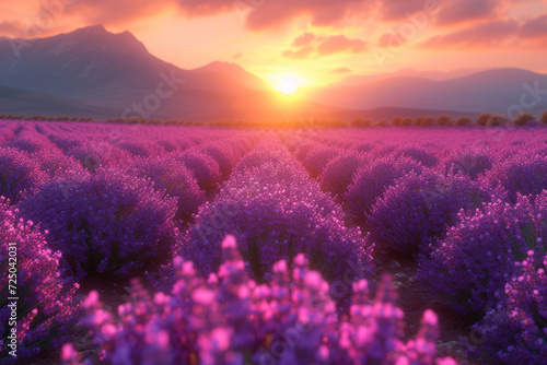 A radiant sun setting over a lavender field  casting a warm and dreamy glow over the landscape. Concept of nature s enchanting hues. Generative Ai.