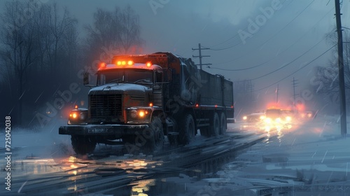 A determined firefighter drives their truck through the snowy landscape  braving the foggy sky and treacherous roads to save lives from a blazing winter fire