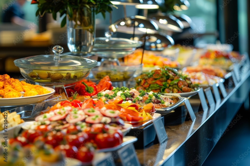 Indulge in a delectable feast of diverse culinary delights, from savory meats to colorful vegetables, displayed on a lavish indoor buffet table Indulge in a delectable feast of diverse culinary delights, from savory meats to colorful vegetables, displayed on a lavish indoor buffet table