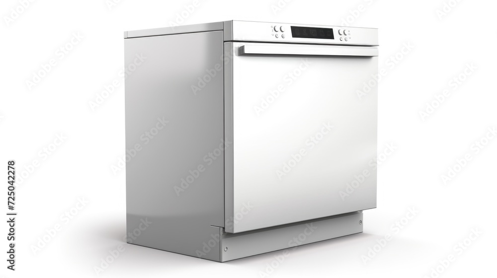 A white dishwasher placed on top of a counter. Suitable for kitchen interior design or home appliance concepts A white dishwasher placed on top of a counter. Suitable for kitchen interior design or home appliance concepts