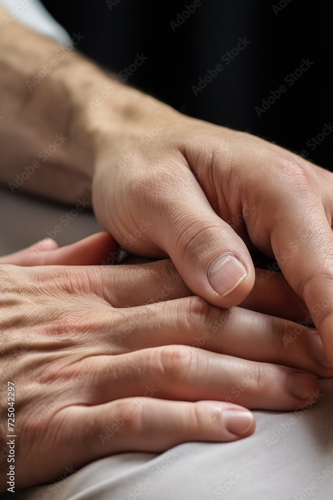 A close-up image of a person holding another person's hand. This picture can be used to convey concepts of support, friendship, love, unity, or teamwork.