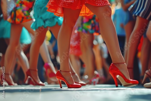 A group of women wearing red high heel shoes. This image can be used to showcase fashion, style, femininity, empowerment, and confidence