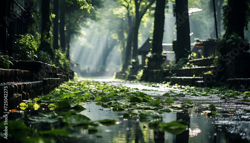 Tranquil scene of a green forest reflecting sunlight generated by AI