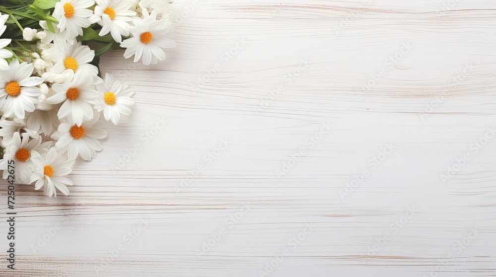 Obraz premium Bouquet of Daisies on a White Wooden Background. Copy space