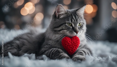 A red knitted heart in the paws of a tabby cat 
