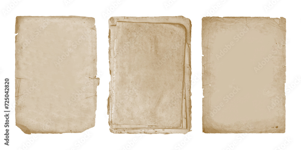 Antique old paper pages with ripped edges. Vintage paper sheets, isolated on transparent background