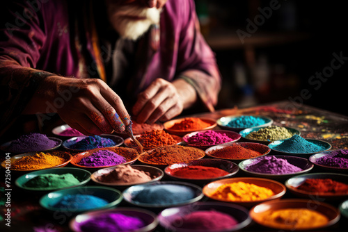 An artist carefully selects vibrant pigments for a new painting, the strokes of color on the canvas embodying the artist's personal journey and expressive vision.  Generative Ai.