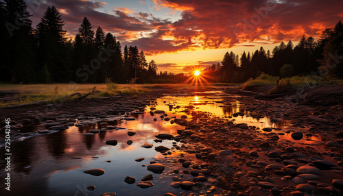 Tranquil sunset reflects vibrant beauty in nature generated by AI