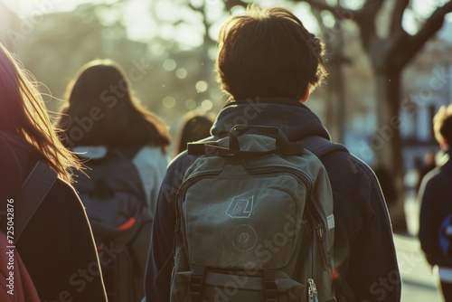 A diverse group of individuals strolling down the tree-lined street, each donning their own unique outdoor attire and carrying a sense of adventure on their backpacks, with a woman's beaming face lea