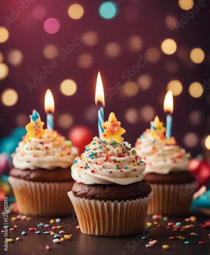 Birthday cupcakes with celebration candles and sprinkles for a birthday party, copy space for text   © abu
