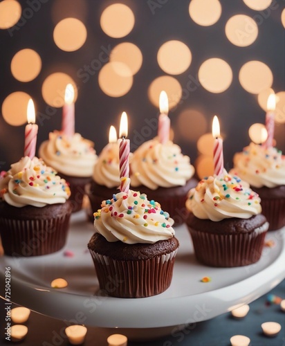 Birthday cupcakes with celebration candles and sprinkles for a birthday party  copy space for text  