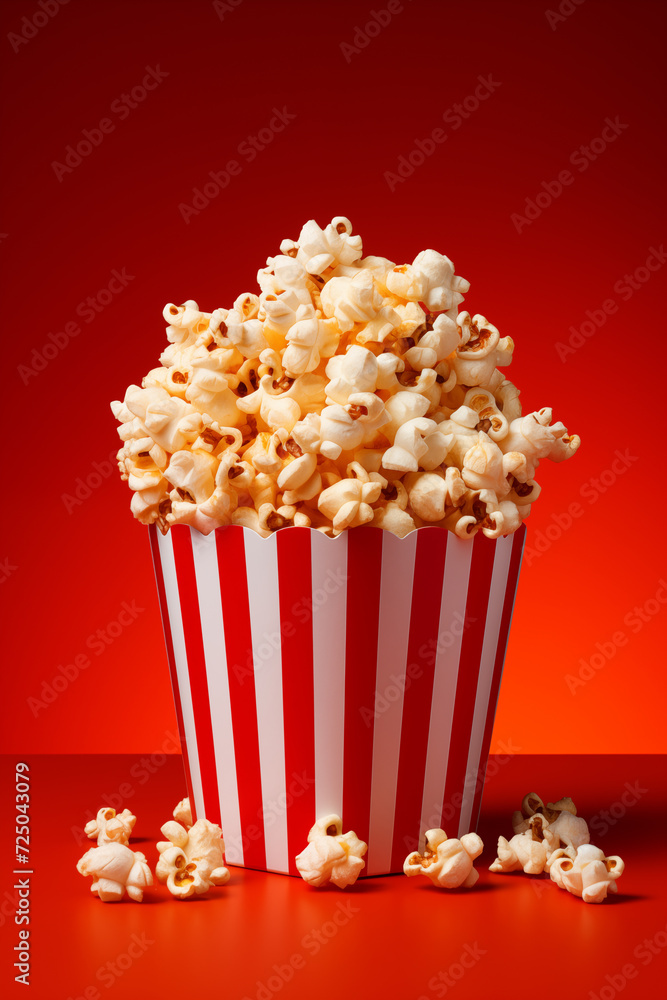 Movie night, cinema background. Popcorn in theatre. Cinema poster concept on red background. Comfortable cinema chair and big bag of popcorn