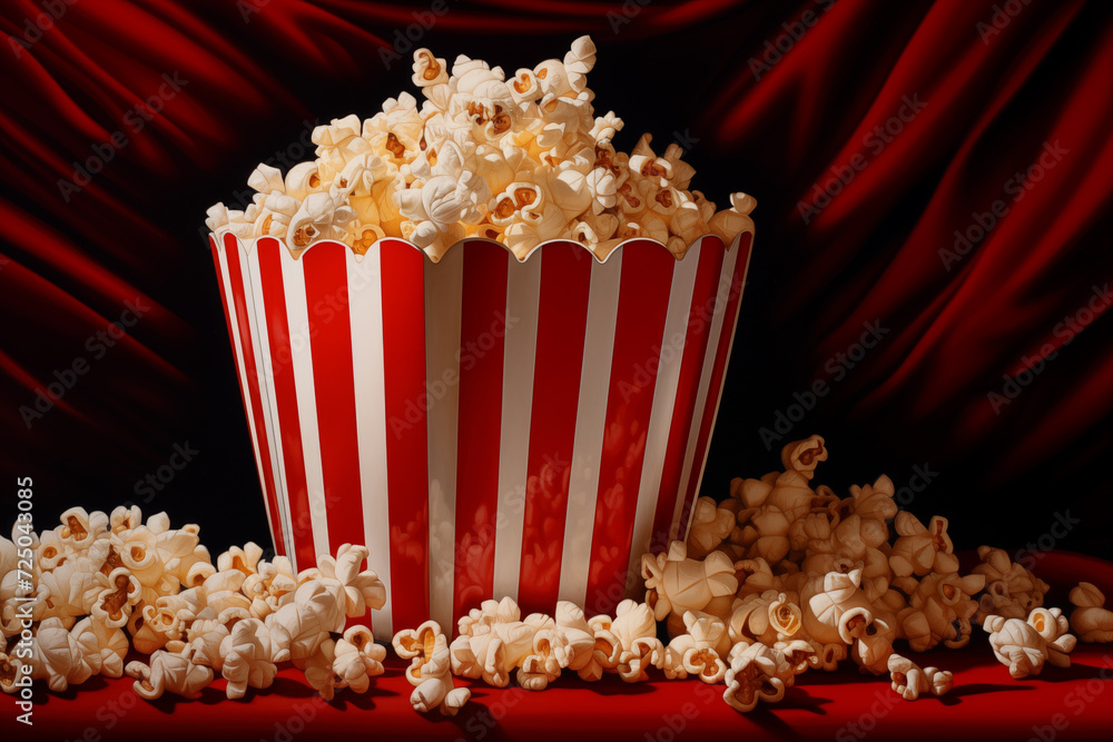 Movie night, cinema background. Popcorn in theatre. Cinema poster concept on red background. Snacks in cinema bar. Movie night, cinema background. Popcorn in theatre. Cinema poster concept on red background. Snacks in cinema bar.