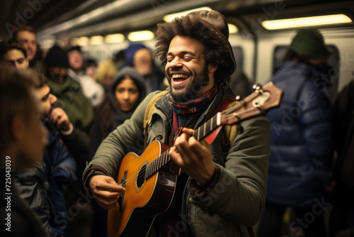 A musician plays an impromptu concert in a subway station, the surrounding crowd joining in, creating an impromptu symphony of shared musical joy. Generative Ai.