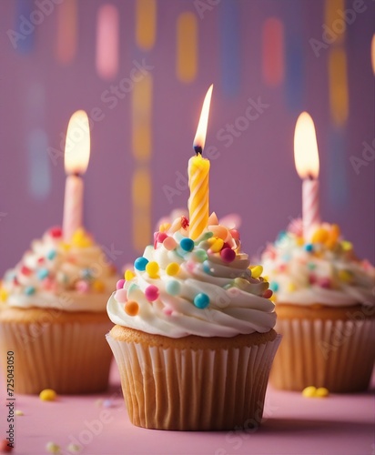 Birthday cupcakes with celebration candles and sprinkles for a birthday party, copy space for text