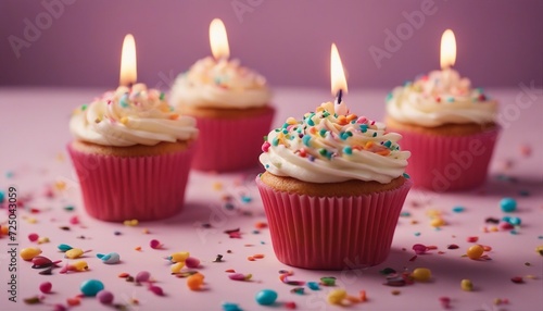 Birthday cupcakes with celebration candles and sprinkles for a birthday party  copy space for text  