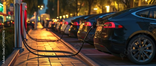 A sleek line of luxury cars parked at a charging station on a bustling city street, their vibrant red lights illuminating the night and signaling the future of eco-friendly transportation © Radomir Jovanovic