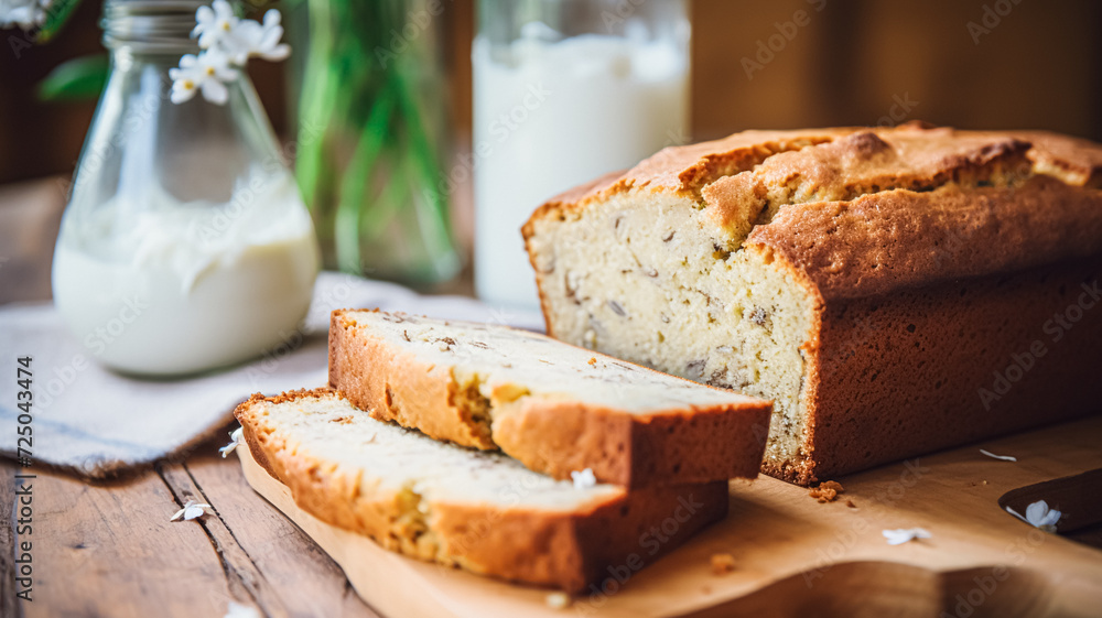 Banana bread in English country cottage, home decor and flowers, baking food and easy gluten-free recipe idea for menu, food blog and cookbook