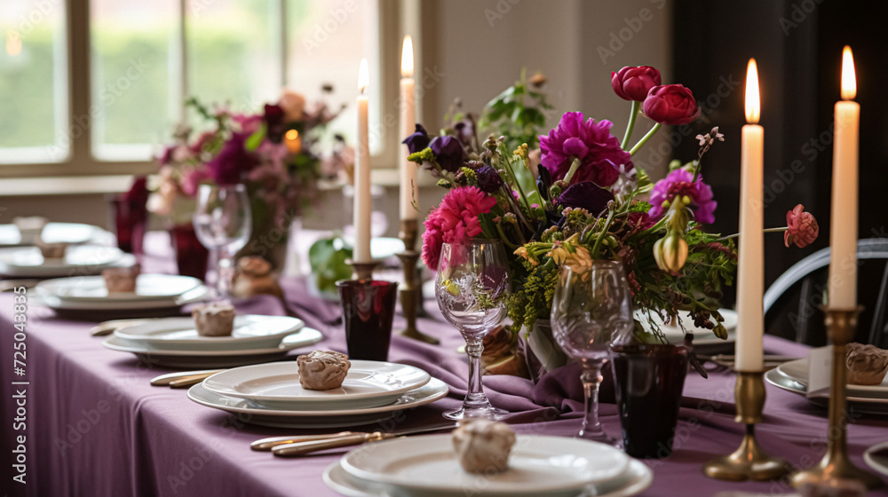 Dinner table setting in the warm glow of candlelight, tablescape featuring floral centerpiece, elegant burgundy glassware, and luxurious gold cutlery