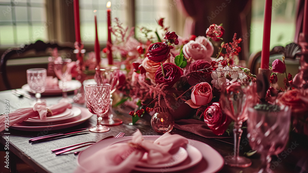 Valentines day tablescape and table decor, romantic table setting with flowers, formal dinner and date, beautiful cutlery and tableware Valentines day tablescape and table decor, romantic table setting with flowers, formal dinner and date, beautiful cutlery and tableware