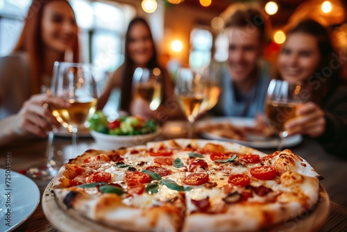 Close-up of pizza and behind it a group of friends with wine glasses ready to eat