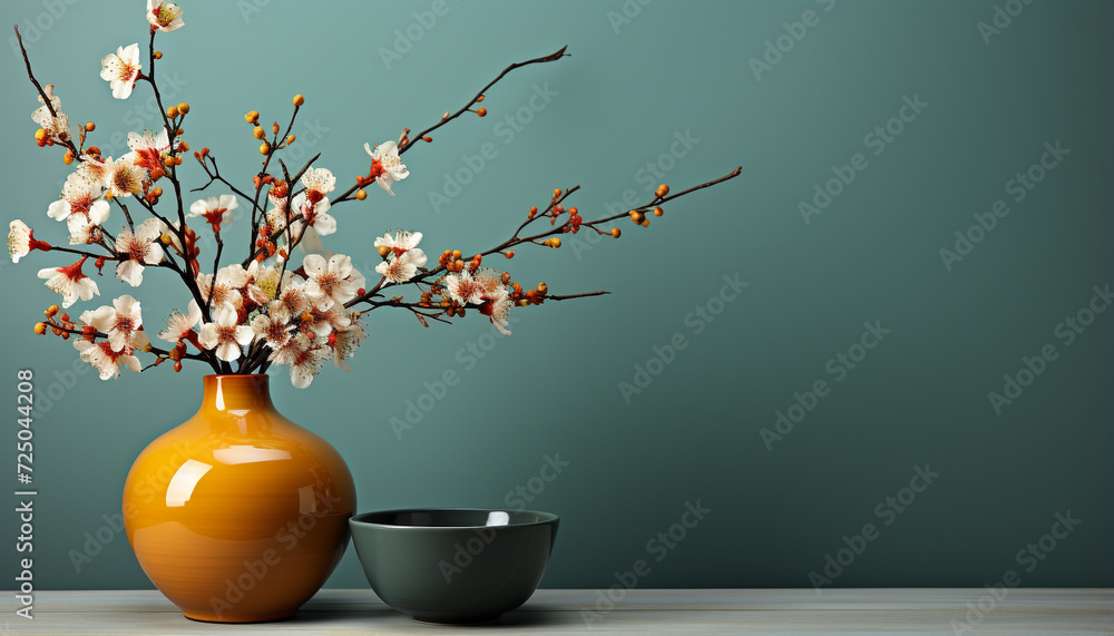 Freshness of springtime blossoms on wooden table, nature beauty generated by AI